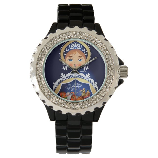 Relógio De Pulso Blue Babushka Matryoshka Russia Doll Watch (Frente)
