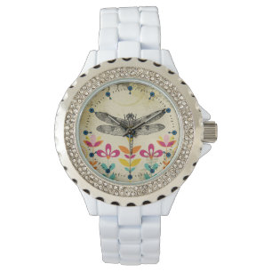 Relógio De Pulso Bohemian Garden Dragonfly Rhinestone Enamel Watch