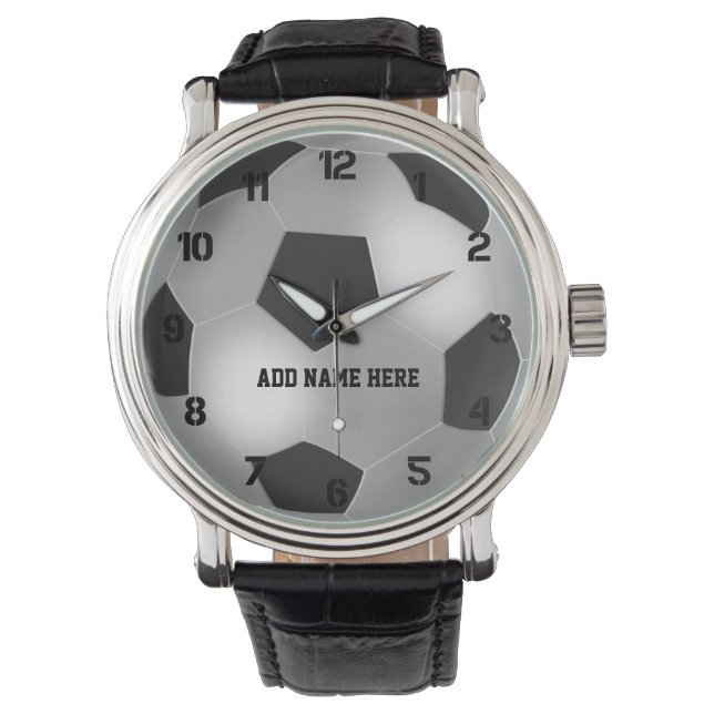 Relógio De Pulso Bola personalizável de futebol prateado (Frente)