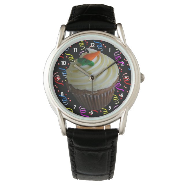 Relógio De Pulso Carrot Cake Cupcake e Confetti Black Leather Watch (Frente)