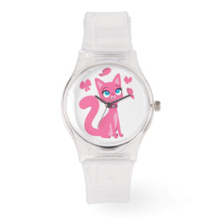 Relógio De Pulso Cartografia rosa-branca Gato e Borboletas