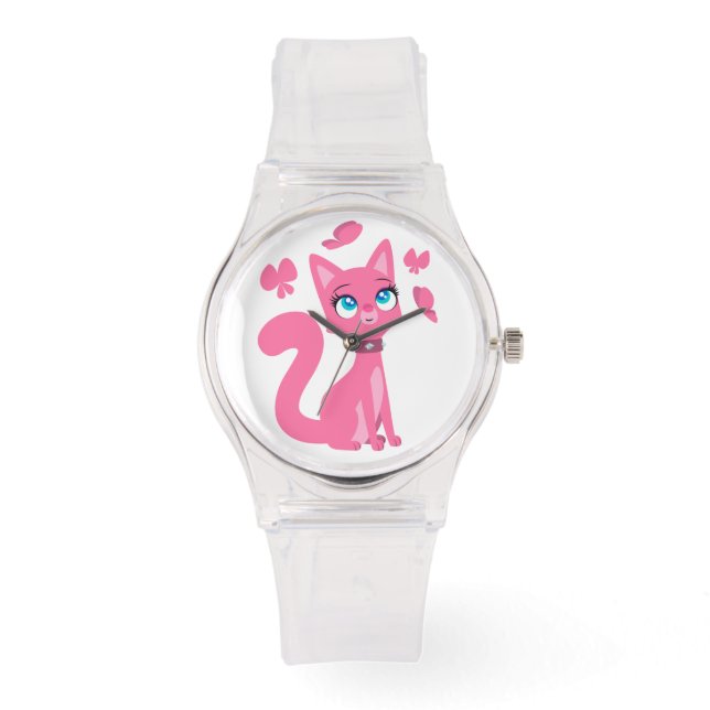 Relógio De Pulso Cartografia rosa-branca Gato e Borboletas (Frente)