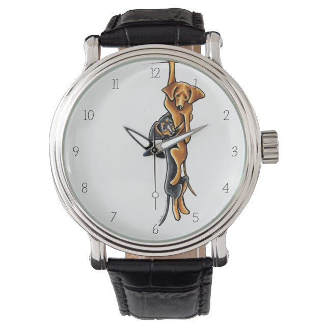 Relógio De Pulso Clingy Dachshund Negro Suave/Vermelho Tan (Frente)