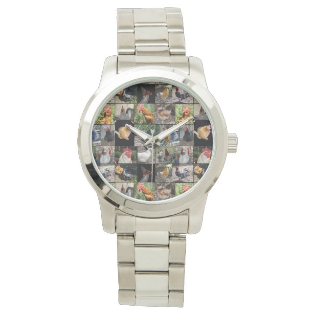Relógio De Pulso Colagem Fotográfica De Galinhas E Galos, (Frente)