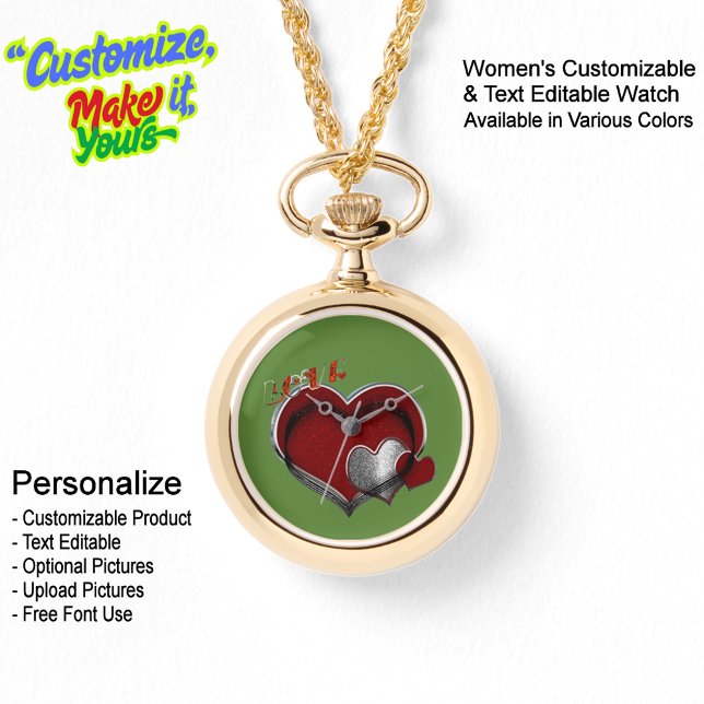 Relógio de Pulso com Corrente de Ouro Heart Magic  (Women's Heart Magic Gold Necklace Watch Featuring a Green Face.)