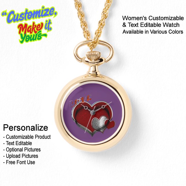 Relógio de Pulso com Corrente de Ouro Heart Magic  (Women's Heart Magic Gold Necklace Watch Featuring a Purple Face.)