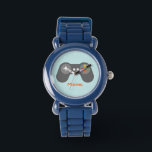 Relógio De Pulso Controladora de Jogo Azul Claro<br><div class="desc">Este relógio divertido apresenta uma legal ilustração vetorial de um controlador de videos games e pode ser personalizado com o nome,  monograma,  inicial ou qualquer texto de sua escolha para um presente personalizado perfeito.</div>