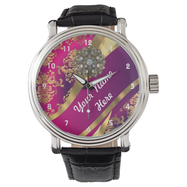 Relógio De Pulso cor damasco personalizada Dourada e rosa (Frente)