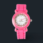 Relógio de pulso, cor-de-rosa, de impressão animal<br><div class="desc">Um relógio único no estilo de impressão leopardo em matizes castanhos. Personalize com seu nome. Este exemplo diz Alyssia. Desenvolvido exclusivamente pela Sarah Trett.</div>