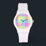 Relógio De Pulso Cotovelo Pastel Verificado<br><div class="desc">Este design brilhante e colorido tem uma textura leve repetindo o padrão verificado / quadrado em um arco-íris vívido de cores pastéis. É um padrão de tabuleiro de xadrez na moda, vibrante e bonito que se parece com o tempo de corrida. Aproveite-o como está ou use-o como fundo para seu...</div>