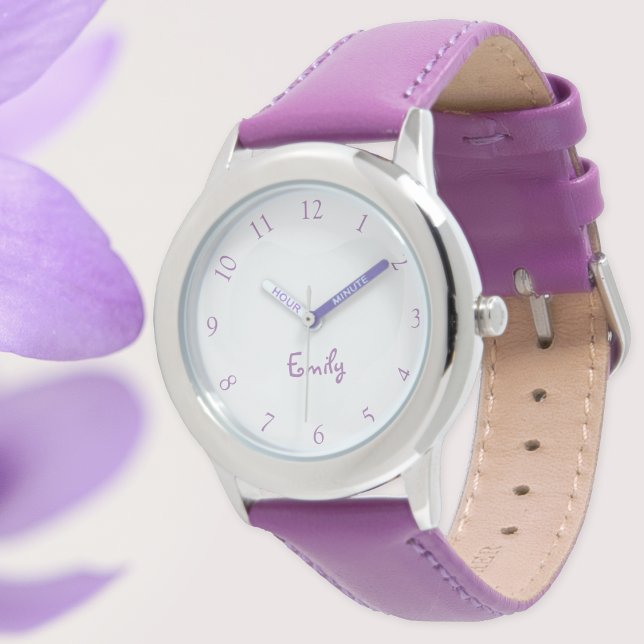 Relógio De Pulso Crianças Personalizadas Nome Steel Purple Leather  (Custom Kids Name Steel Purple Leather Girls Watch)