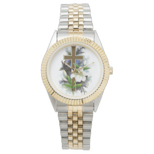 Relógio De Pulso Cruz Dourado com flor branca