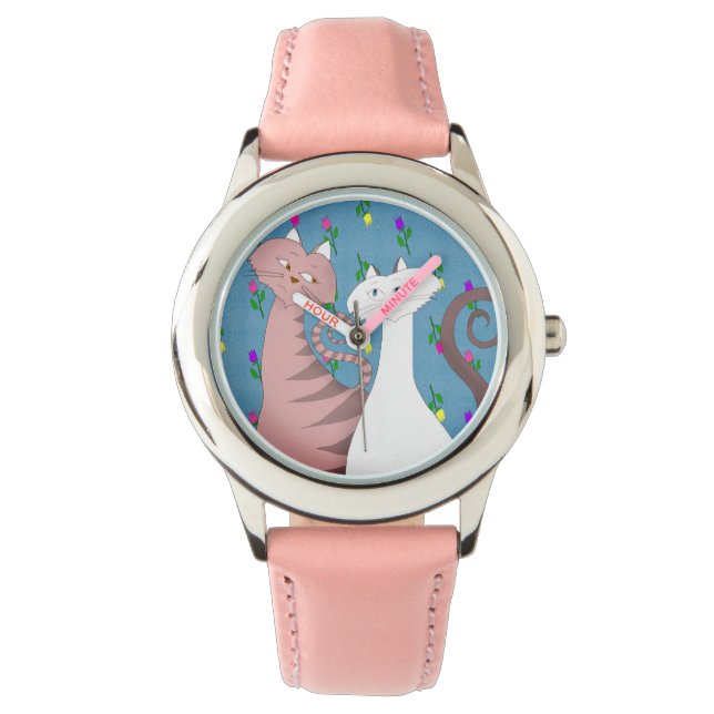 Relógio De Pulso Cute Cats Floral Background Watch da Menina Rosa (Frente)