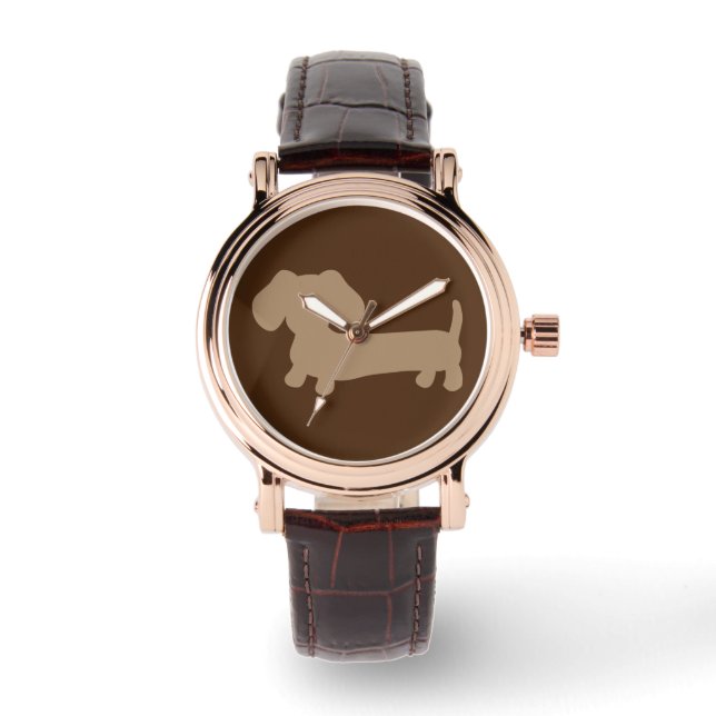 Relógio De Pulso Damas Chocolate Brown Dachshund Leather Watch (Frente)