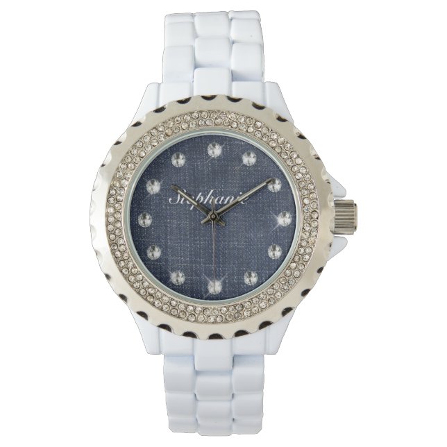 Relógio De Pulso Denim e Diamantes Personalizados Watch (Frente)