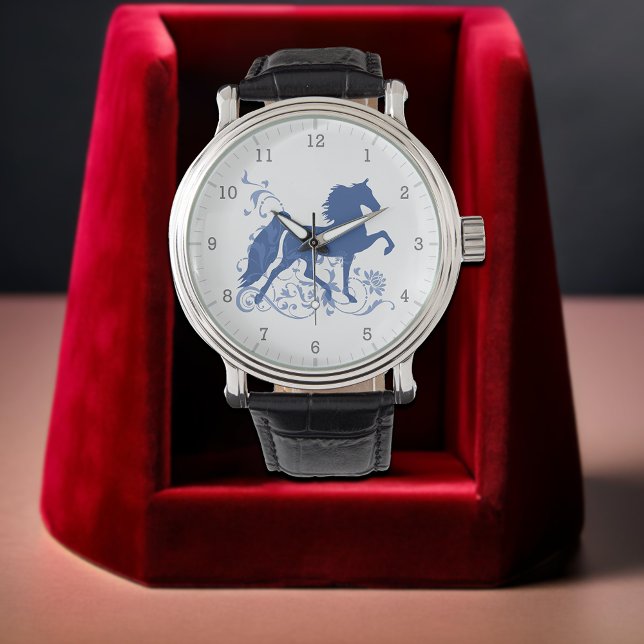 Relógio De Pulso Design de Cavalo Azul Elegante de Cinco Gaitas de  (Saddlebred Five Gait Elegant Blue Horse Design Watch)