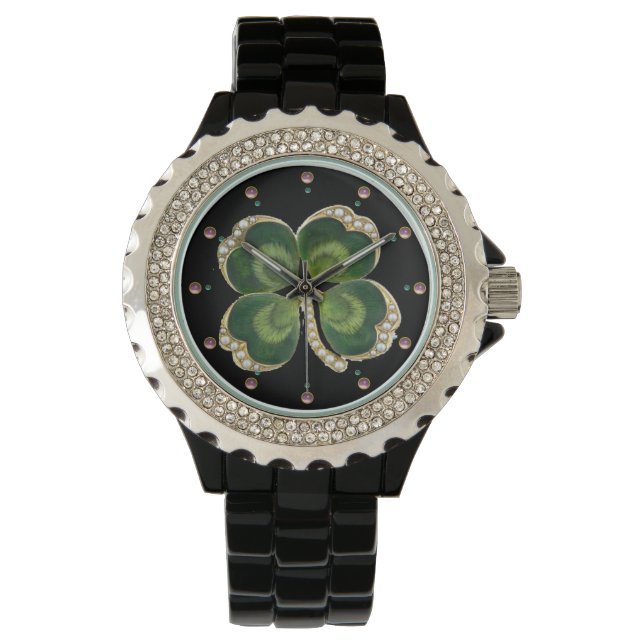Relógio De Pulso Dourado Saint Patrick Shamrock Jewel com Pérolas (Frente)