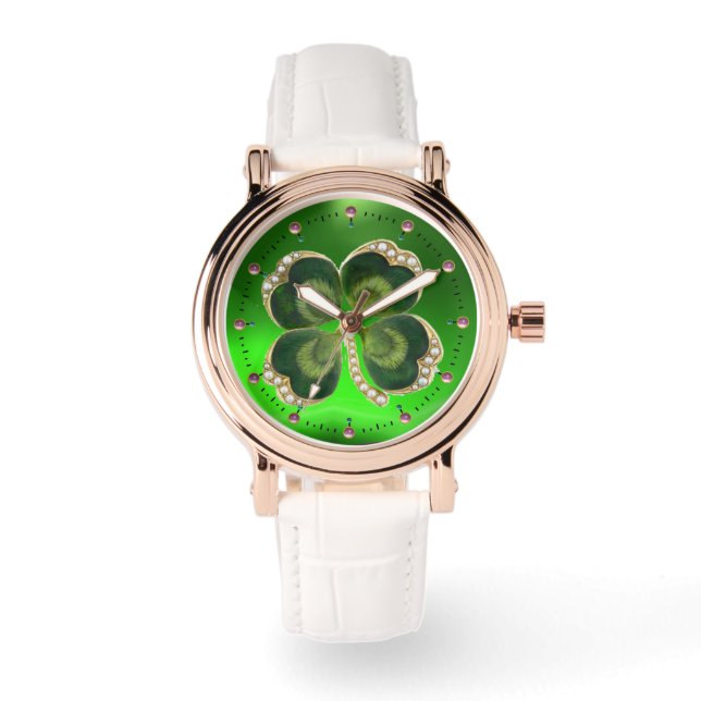 Relógio De Pulso Dourado Saint Patrick Shamrock Jewel com Pérolas (Frente)