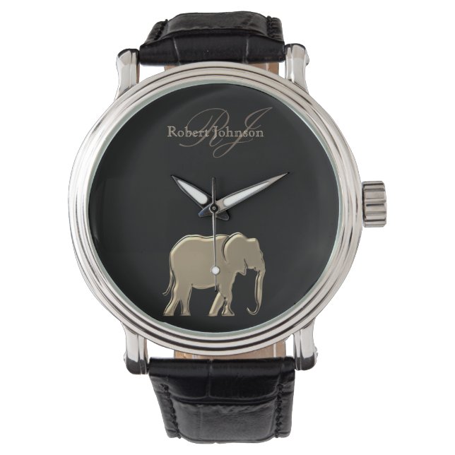 Relógio De Pulso Elefante Preto e Dourado Monograma Elegante Luxuos (Frente)