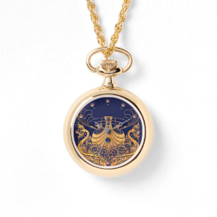 Relógio De Pulso Embarcação Antiga,Golfinhos,Dourado,Azul Marinho N