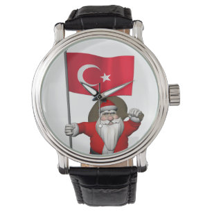 Relógio De Pulso Engraçado Papai Noel Com Bandeira Da Turquia