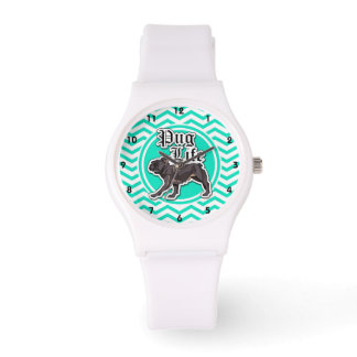 Relógio De Pulso Engraçado Pug; Aqua Chevron