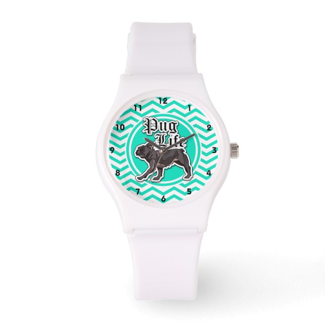 Relógio De Pulso Engraçado Pug; Aqua Chevron (Frente)