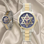 Relógio De Pulso Estrela de David com Cross Watch<br><div class="desc">Estrela Dourada de David com cruz dupla sobre fundo azul marinho.</div>