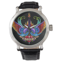 Relógio De Pulso Eterno Love Swallow Tatto Black Leather Watch