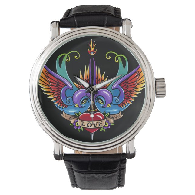 Relógio De Pulso Eterno Love Swallow Tatto Black Leather Watch (Frente)
