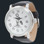 Relógio De Pulso Farmacologia Nome Personalizado Bowl do Símbolo de<br><div class="desc">Um relógio farmacêutico de nome personalizado com a tigela de Higenia e símbolo RX. O relógio também apresenta uma fonte numérica romana opcional.</div>