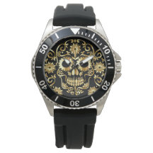 Faux Dourado Sugar Skull Impressão Watch