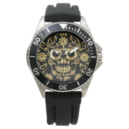 Relógio De Pulso Faux Dourado Sugar Skull Impressão Watch