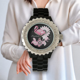 Relógio De Pulso Flamingo Cor-de-rosa preto personalizado