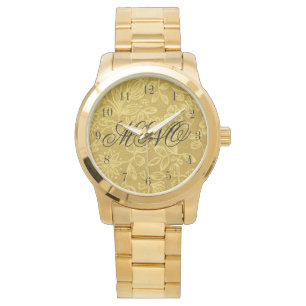 Relógio De Pulso Floral Dourado Monograma Personalizado