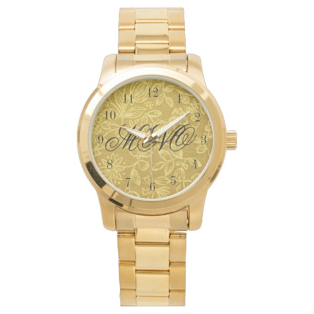Relógio De Pulso Floral Dourado Monograma Personalizado (Frente)