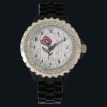 Relógio De Pulso Flores Selvagens, Rosa e Verde, de Longo Curso, Pe<br><div class="desc">Um relógio com seu nome personalizado e bonito quadro quadrado de dentro de flor rosa com borda rosa. O fundo é um padrão com flores silvestres cor-de-rosa desenhadas à mão, com caules longos e folhas verdes sobre um fundo branco de casca-de-ovo. Círculos cor-de-rosa e galhos também decoram o design. Design...</div>