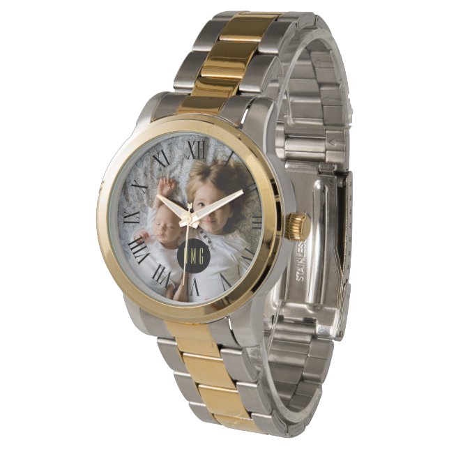 Relógio De Pulso Foto personalizada | Monograma | Números romanos (Angular)