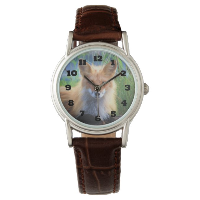 Relógio De Pulso Fox Vermelha Lay na Imagem de Grass Wildlife (Frente)
