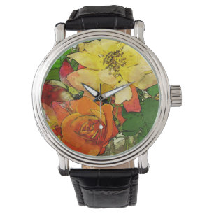 Relógio De Pulso fundo colorido 2 do vintage floral da arte