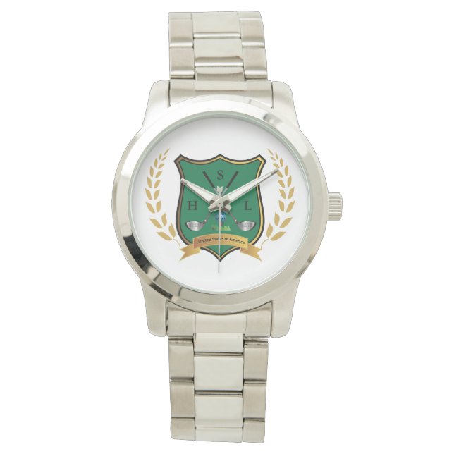 Relógio De Pulso GOLF Crest com Laurel Wreath Monogramas Mens Watch (Frente)