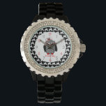 Relógio De Pulso Houndstooth Owl Watch<br><div class="desc">Um relógio com ilustração de uma coruja com barriga robusta sobre um fundo houndstooth correspondente. Personalize com seu nome.</div>