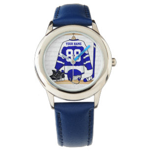 Relógio De Pulso Jersey de Hóquei em Gelo Branco e Azul Personaliza