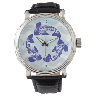 Relógio De Pulso Koi Fish Watch Black Leather Strap