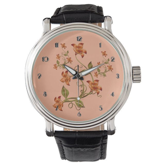 Relógio De Pulso Laranja Lillies Floral Patterno Peach Wrist Watch (Frente)