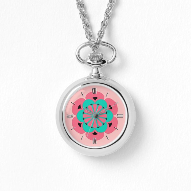 Relógio De Pulso Lotus Flower Mandala, Coral Rosa e Turquesa (Frente)