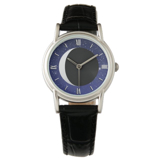 Relógio De Pulso Lua Crescente sobre um fundo estrelado (Frente)