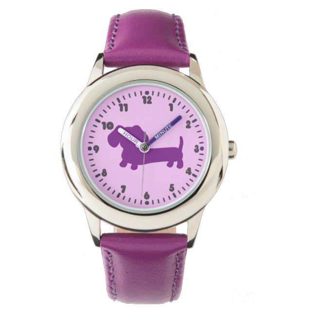 Relógio De Pulso Meninas Roxas Roxo Dachshund Tempo de Aprendizagem (Frente)