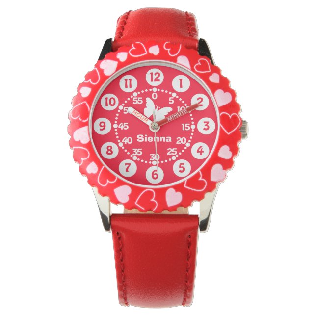 Relógio De Pulso Meninas vermelhas e brancas adicionam seu nome, re (Frente)