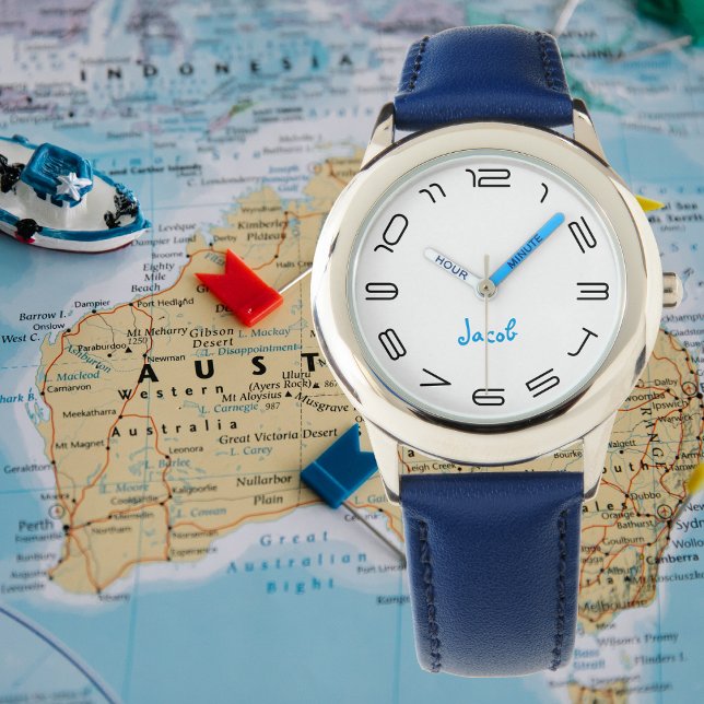 Relógio De Pulso Meninos Legal, Na moda Azul Moderno, Crianças Pers (Boys Cool Modern Blue Stylish Custom Name Kids Watch)